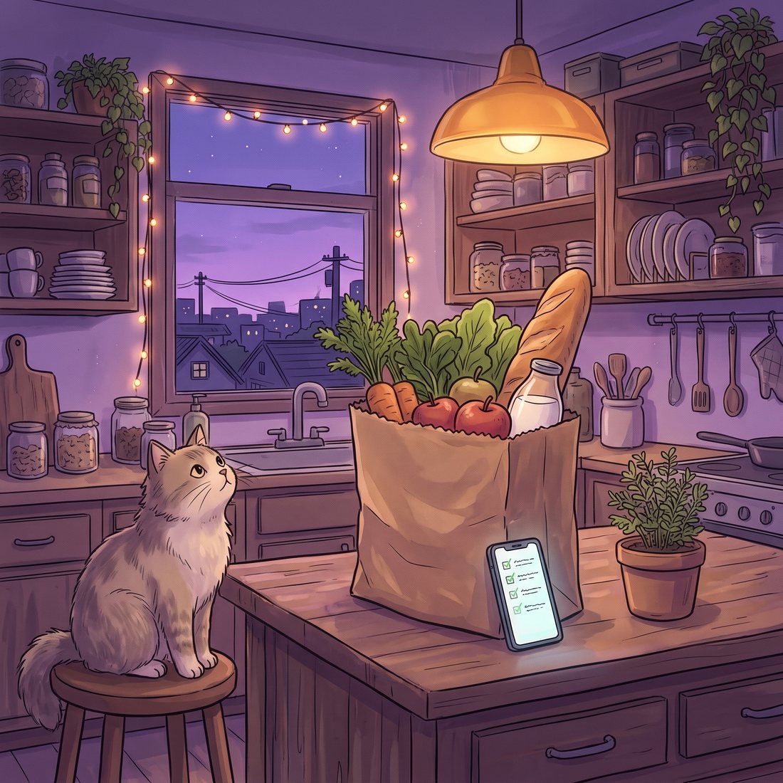 Groceries delivered on a kitchen counter with every item checked off on a phone