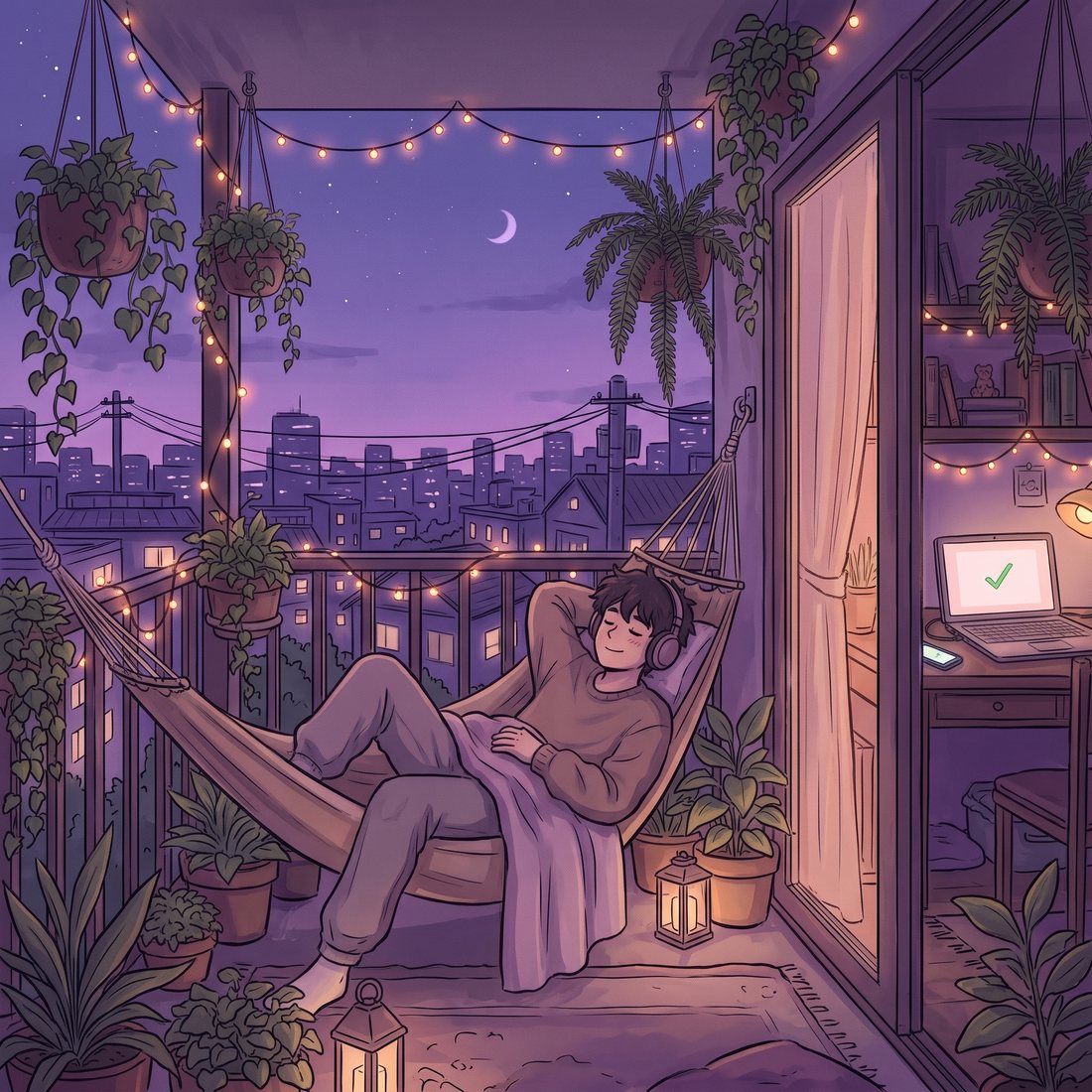 Someone relaxing in a hammock on a balcony at dusk while a laptop shows a check mark